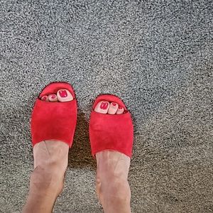 RED suede slide sandals